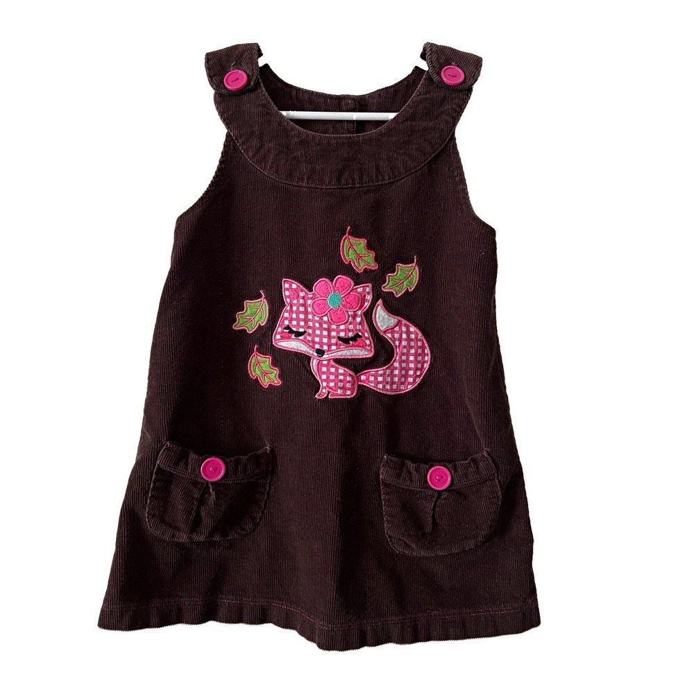 Gymboree Girls 3T Brown Corduroy Overall Dress Fox Embroidered Pockets